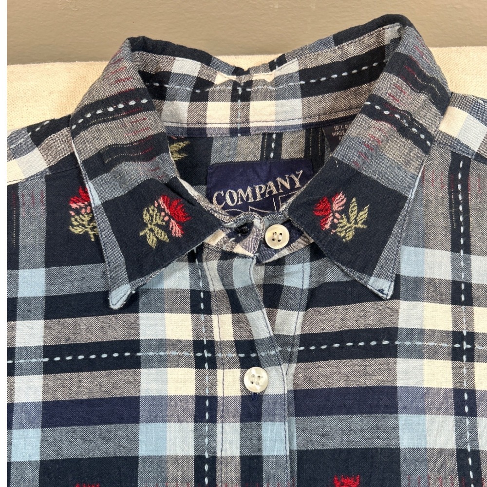 Vintage 90s Teacher Plaid Floral Embroidered Button Down Shirt XL Blue Cottage